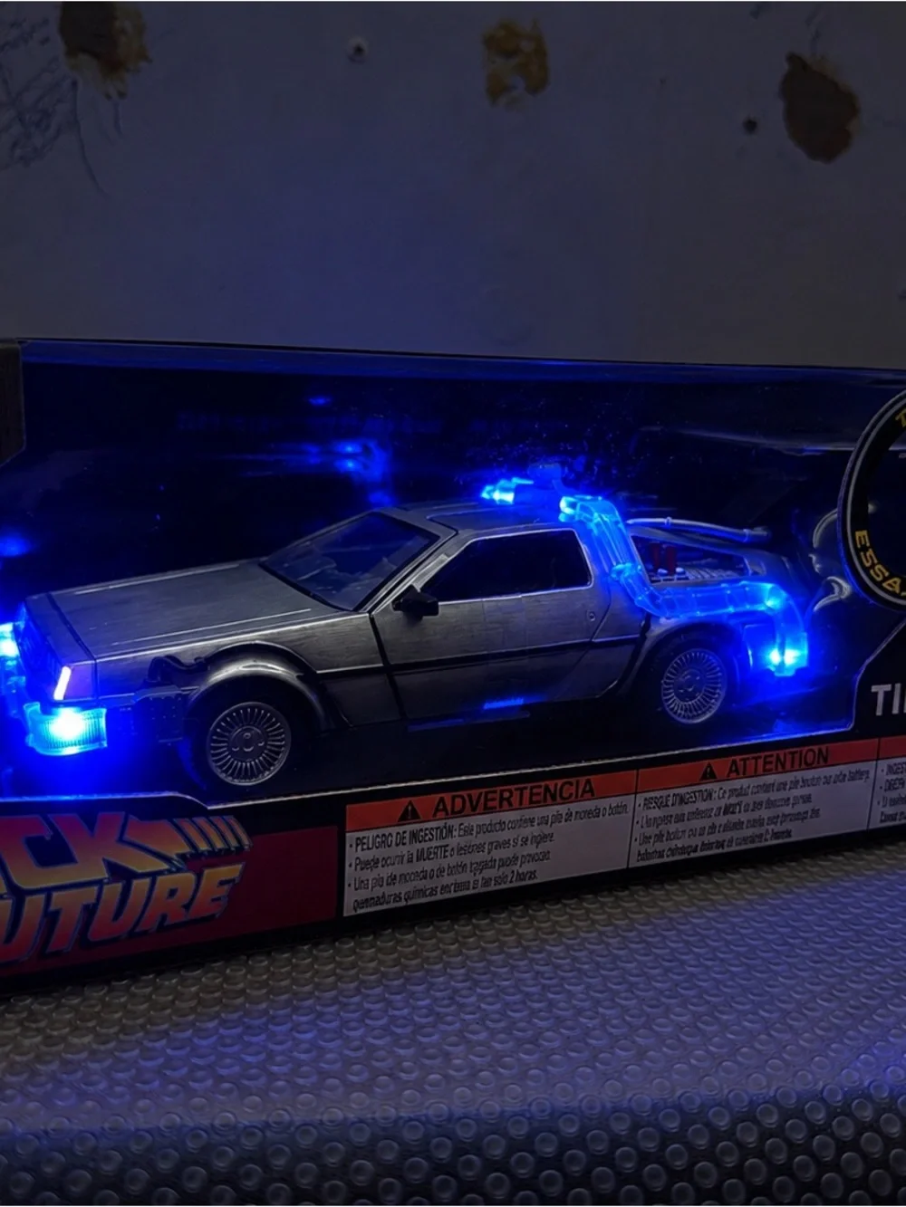 Die-Cast Silver Time Machine Toy Car with Blue LED Lights